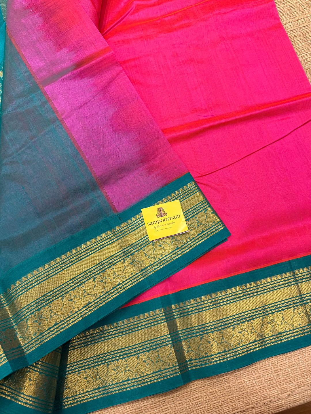 Rani Pink with Turquoise Blue , Rich Kanchi Borders, Traditional Pallu Korvai Silk Cotton Saree