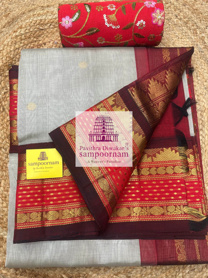 Light Grey with Dark Red, Body Zari Butta, Lakshadeepam Traditional Rettapet Borders, and Grand Pallu KSCS