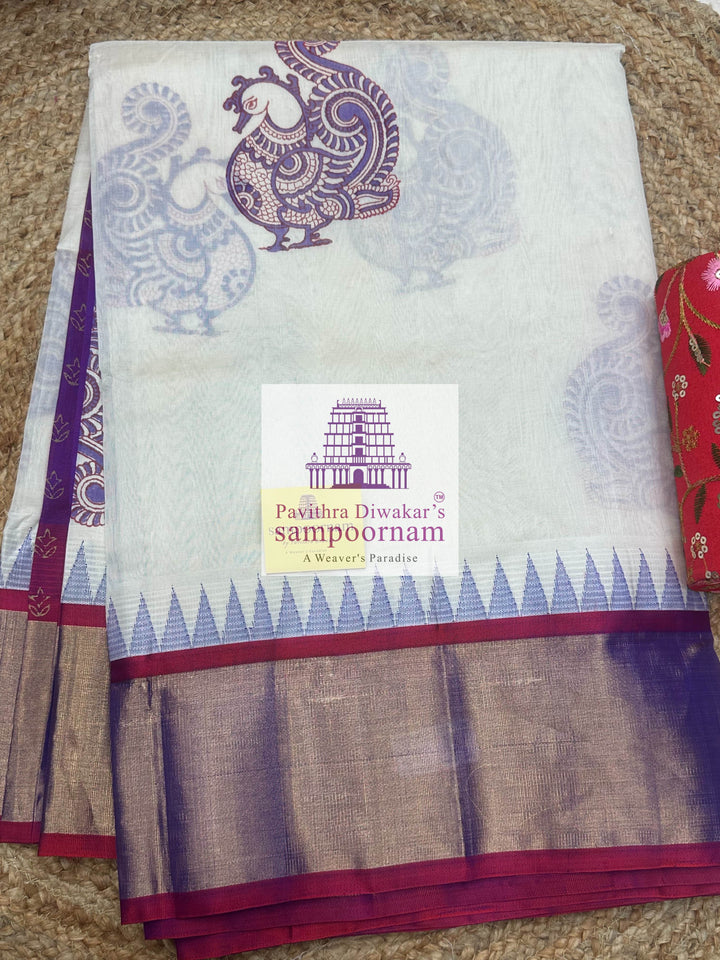 White with Magenta, Tissue Temple Border, Annam Handblock Printed Korvai SIlk Cotton Saree