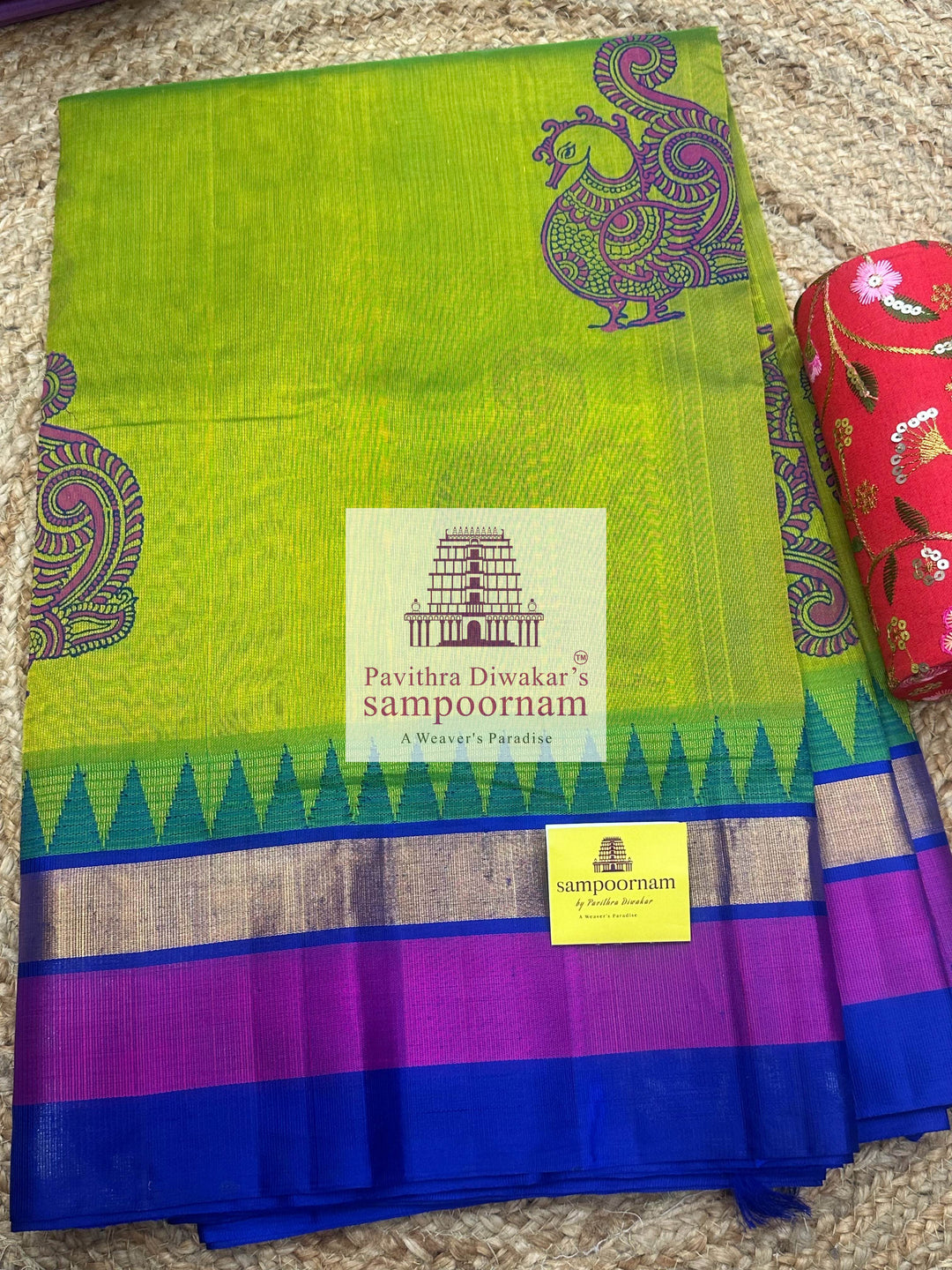 Sneha Green with Blue, Tissue Three Colour Border, Annam Handblock Printed Korvai SIlk Cotton Saree