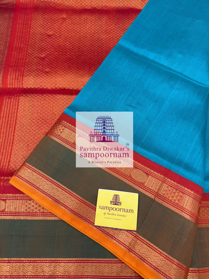 Ramar Blue with Rust Orange , Rettapet Traditional Borders, and Grand Pallu Korvai Silk Cotton Saree