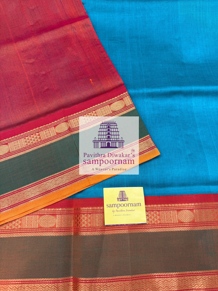 Ramar Blue with Rust Orange , Rettapet Traditional Borders, and Grand Pallu Korvai Silk Cotton Saree