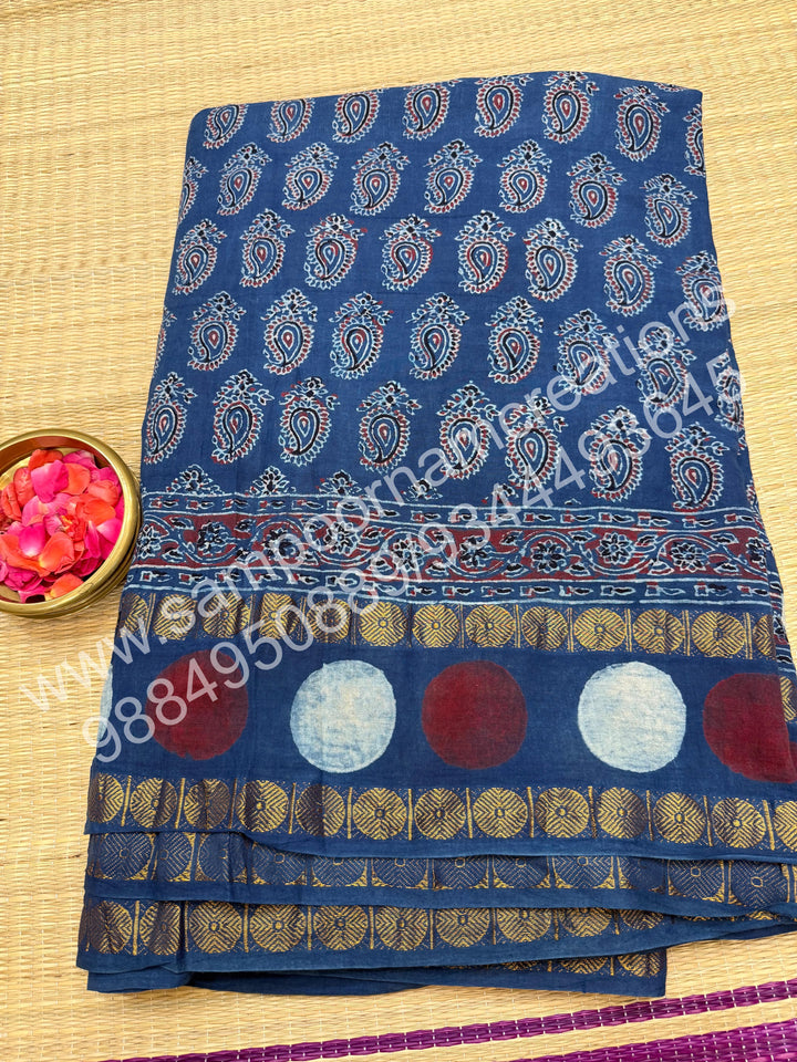 Blue , Ajrakh Handblock Printed with Rudraksh Border , Sungudi Cotton Saree