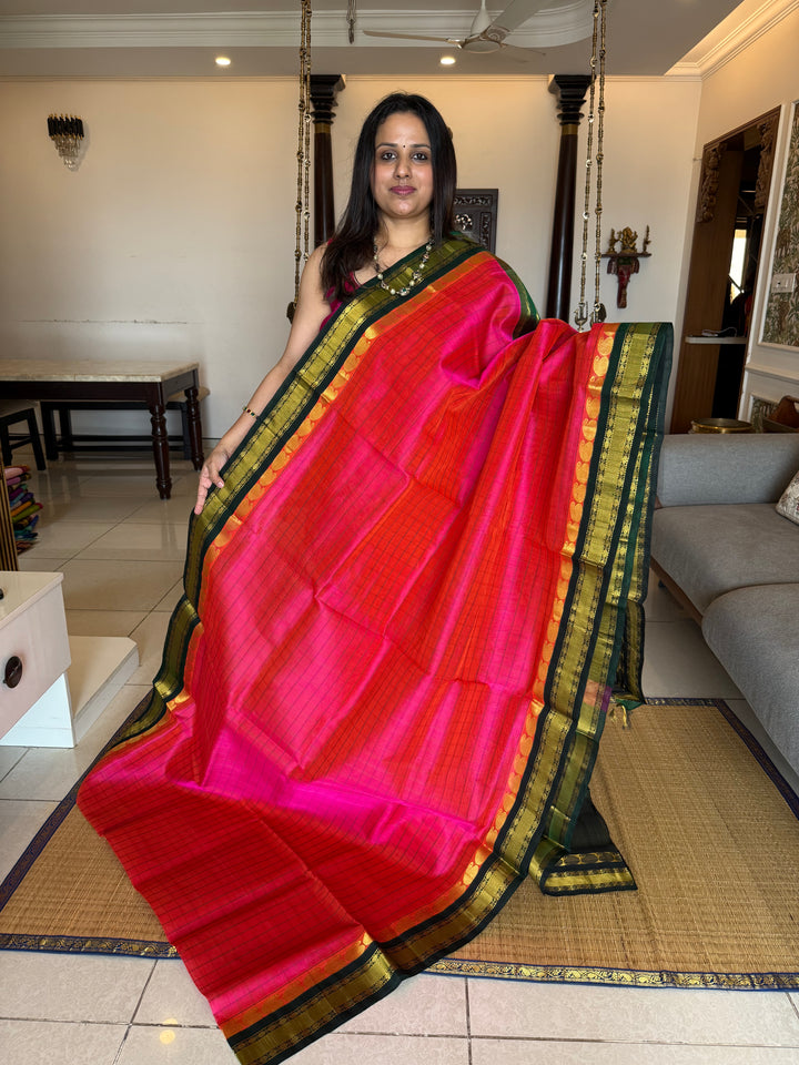 Reddish Pink with Green colour ,full body checks ,traditional border rich pallu Korvai Silk Cotton Saree