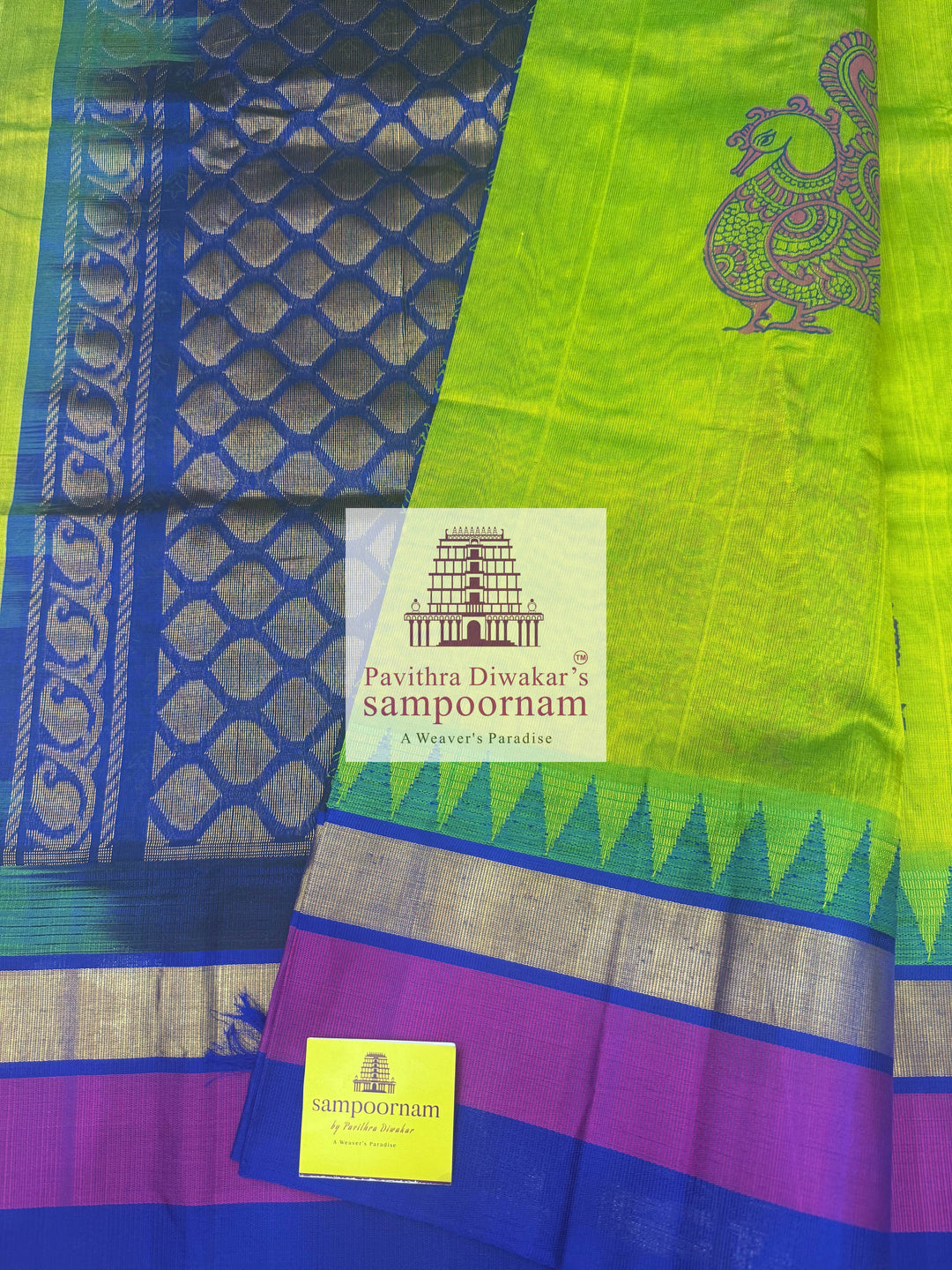 Sneha Green with Blue, Tissue Three Colour Border, Annam Handblock Printed Korvai SIlk Cotton Saree