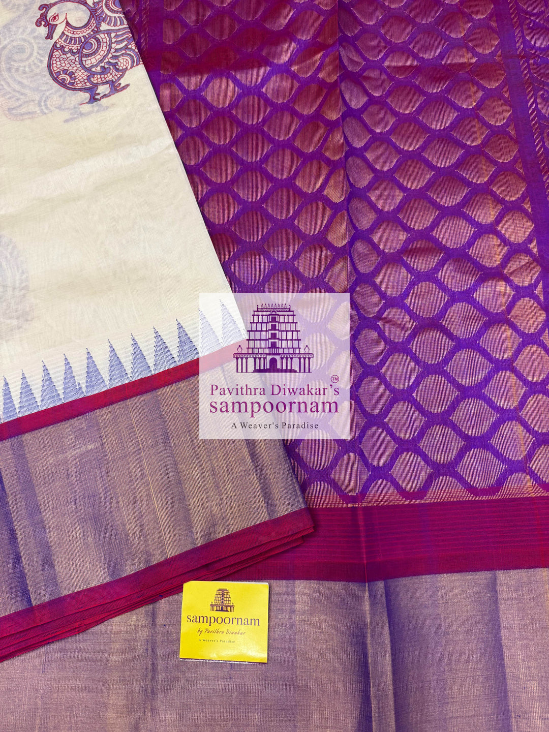 White with Magenta, Tissue Temple Border, Annam Handblock Printed Korvai SIlk Cotton Saree