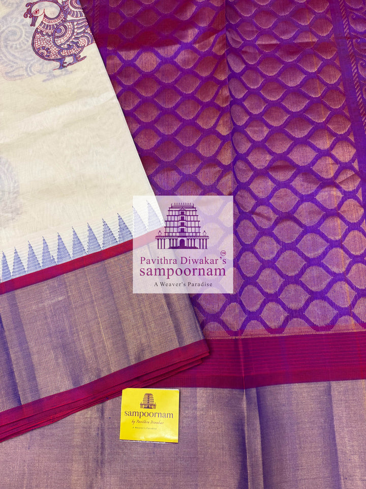 White with Magenta, Tissue Temple Border, Annam Handblock Printed Korvai SIlk Cotton Saree