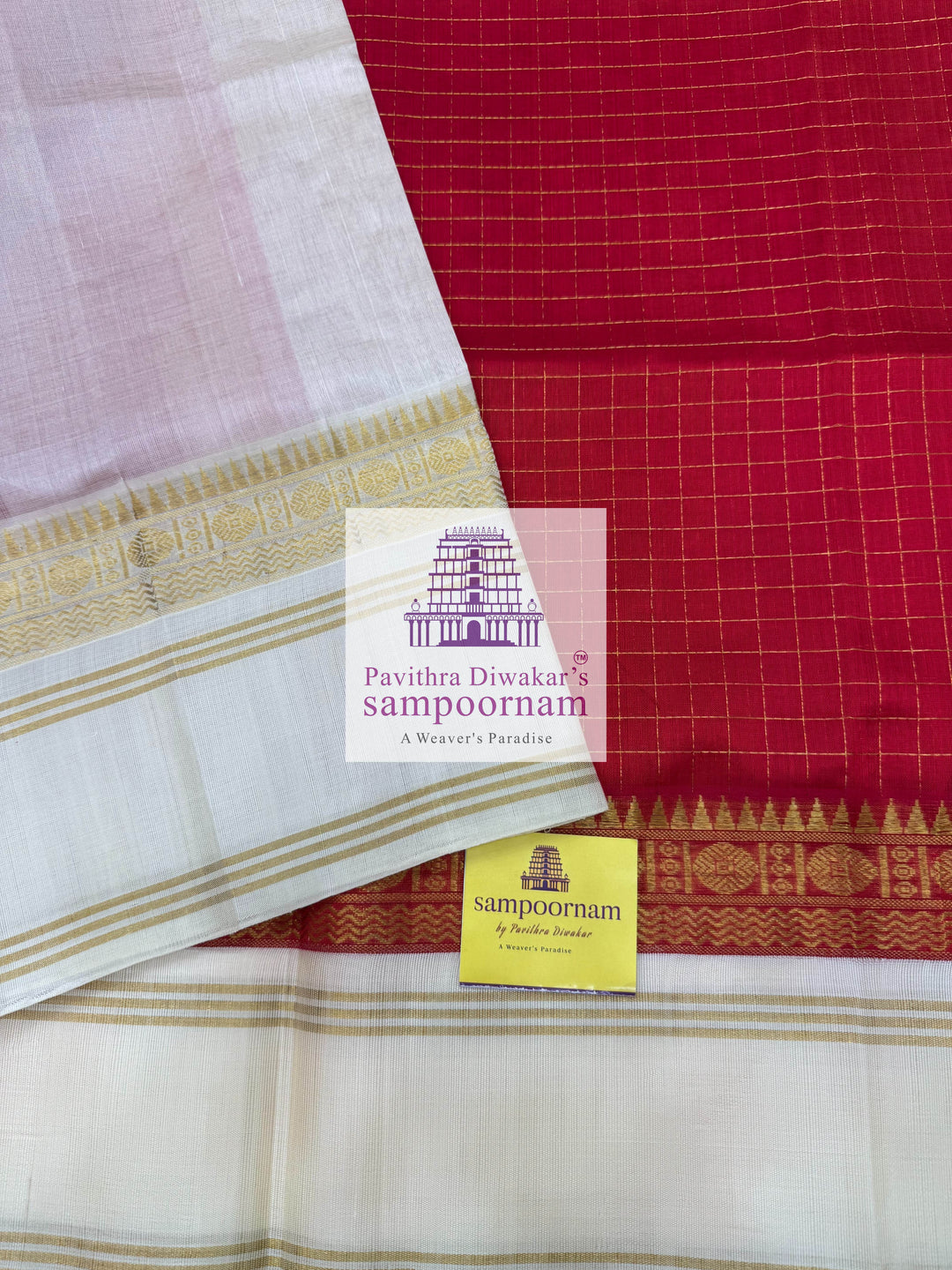 Red with Offwhite, Zari Body Checks, Rettapet Border and Grand Pallu Korvai Silk Cotton Saree