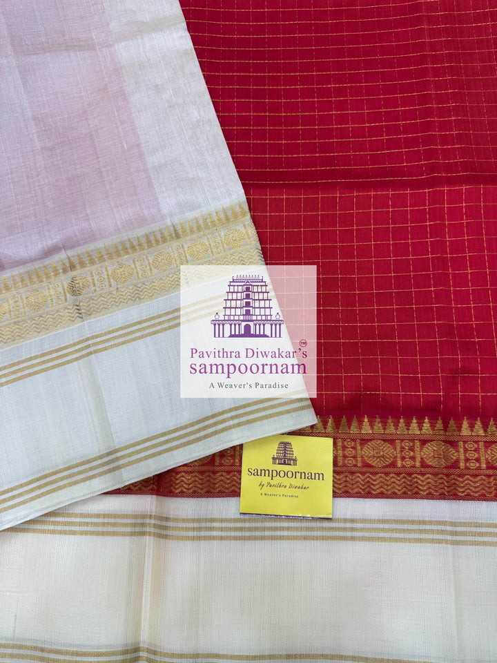 Red with Offwhite, Zari Body Checks, Rettapet Border and Grand Pallu Korvai Silk Cotton Saree