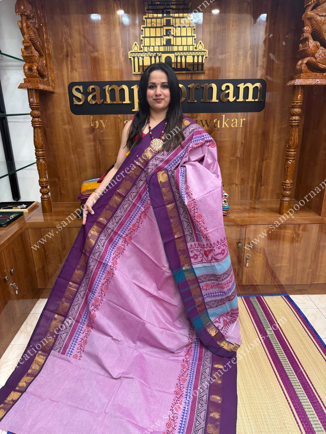 Purple with Dark Purple , Handblock print in the borders and Pallu , Chettinad Cotton Saree