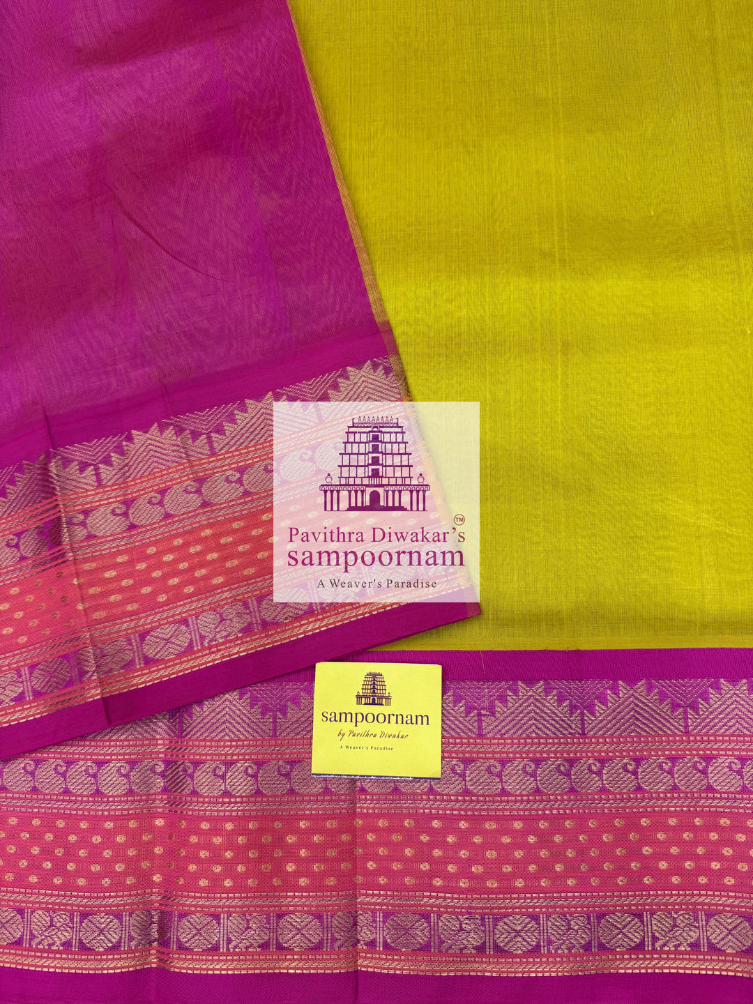 Lemon Yellow with Pink, Traditional Rettapet Border with Lakshadeepam Butta and Grand Pallu Korvai Silk Cotton Saree