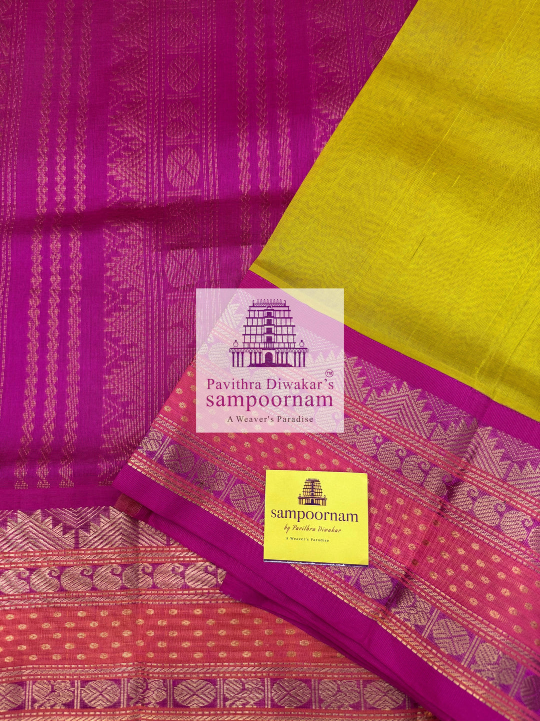 Lemon Yellow with Pink, Traditional Rettapet Border with Lakshadeepam Butta and Grand Pallu Korvai Silk Cotton Saree
