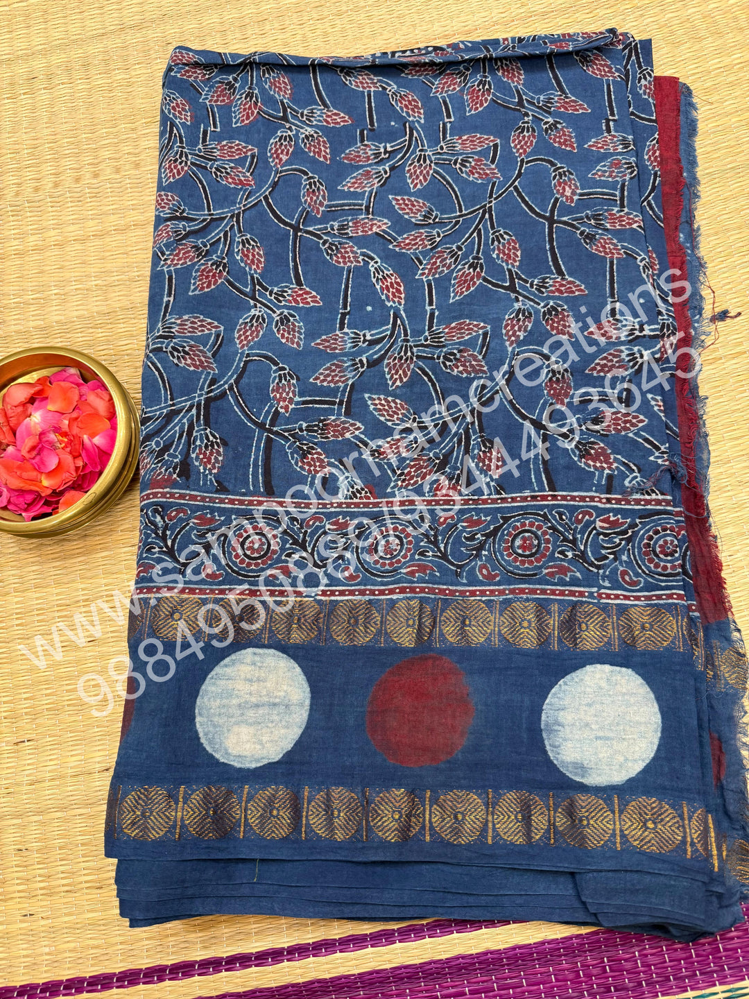 Blue , Ajrakh Handblock Printed with Rudraksh Border , Sungudi Cotton Saree