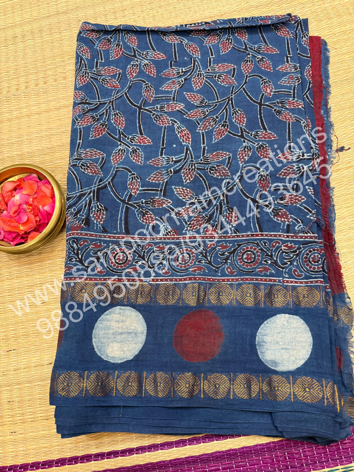 Blue , Ajrakh Handblock Printed with Rudraksh Border , Sungudi Cotton Saree