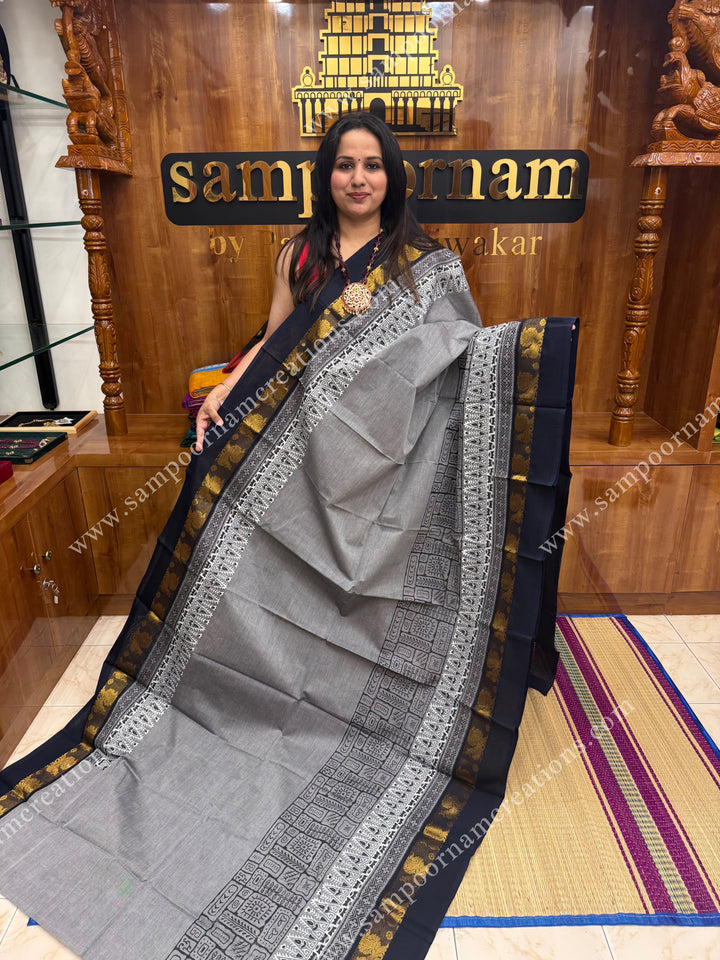 Grey with Black , Handblock print in the borders and Pallu , Chettinad Cotton Saree