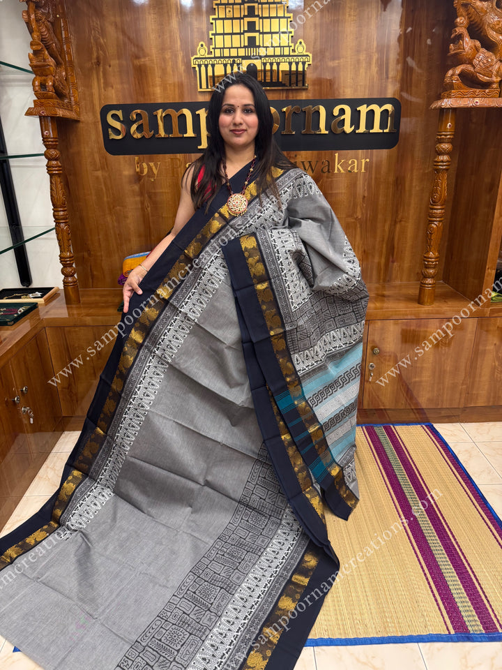 Grey with Black , Handblock print in the borders and Pallu , Chettinad Cotton Saree