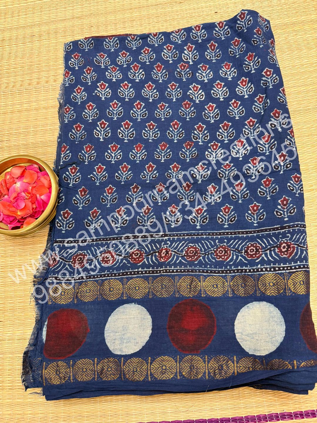 Blue , Ajrakh Handblock Printed with Rudraksh Border , Sungudi Cotton Saree