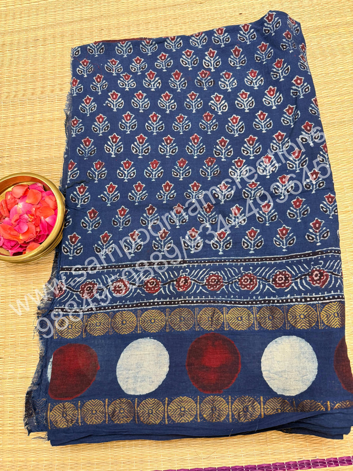 Blue , Ajrakh Handblock Printed with Rudraksh Border , Sungudi Cotton Saree