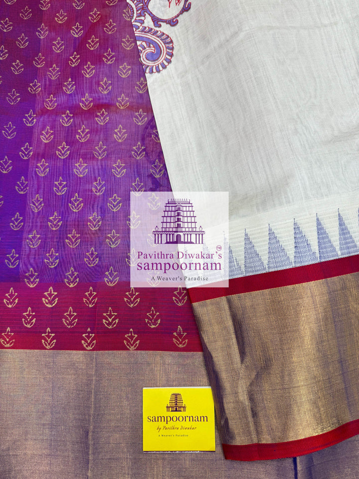 White with Magenta, Tissue Temple Border, Annam Handblock Printed Korvai SIlk Cotton Saree