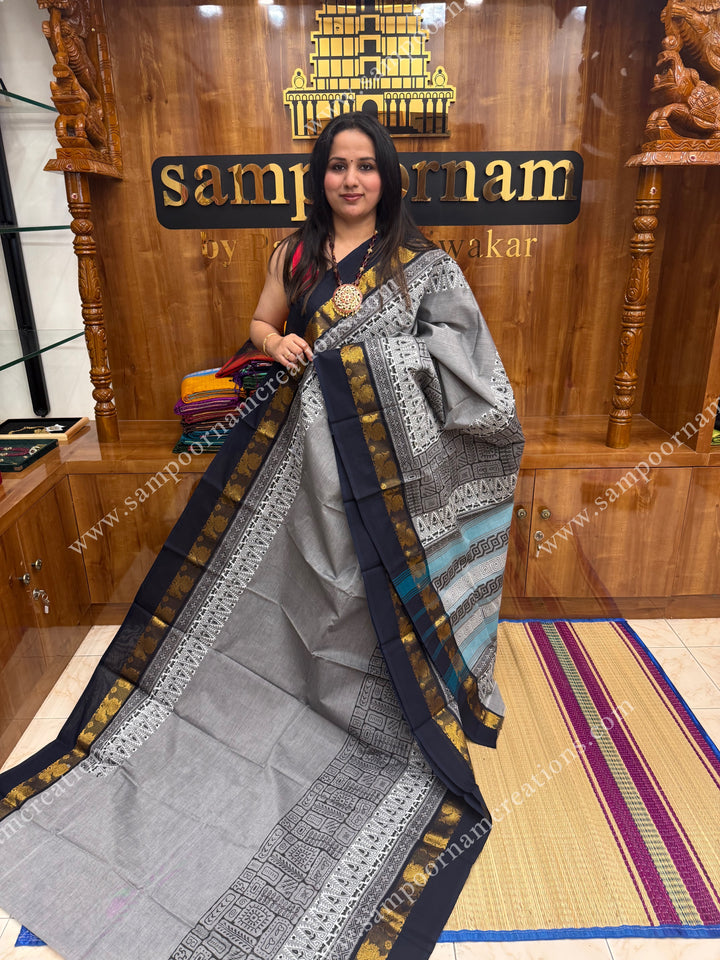 Grey with Black , Handblock print in the borders and Pallu , Chettinad Cotton Saree