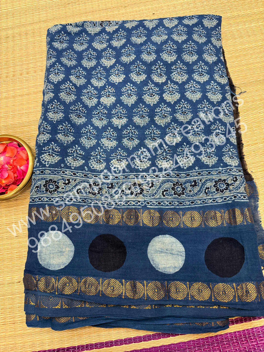 Blue , Ajrakh Handblock Printed with Rudraksh Border , Sungudi Cotton Saree
