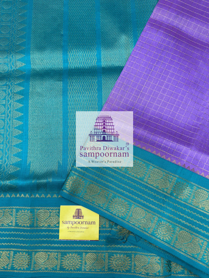 Lavender with Turquoise Blue, Rich Zari Checks in the Body, Rettapet Border and Grand Pallu Korvai Silk Cotton Saree
