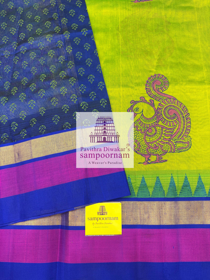 Sneha Green with Blue, Tissue Three Colour Border, Annam Handblock Printed Korvai SIlk Cotton Saree