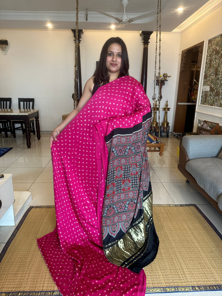 Pink Bhandej with Ajrakh Natural Handblock Printed Tissue Pallu Pure Modal Silk Saree