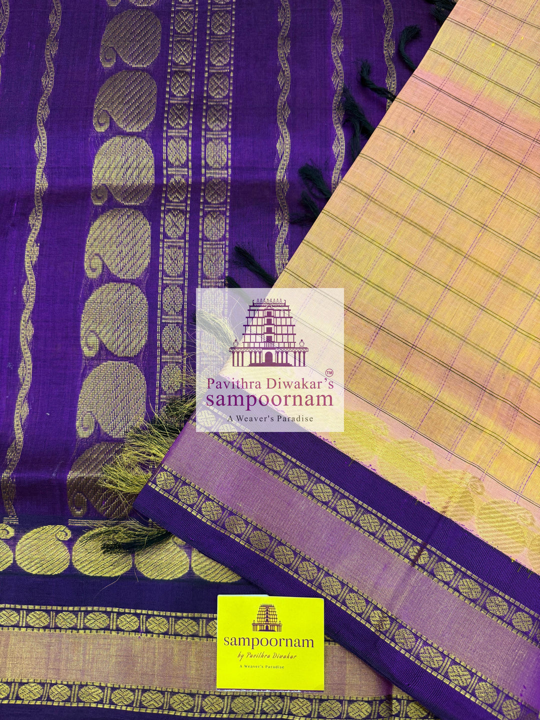 Peach Pink with Blue, Zari Checks in the Body, Rettapet Traditional Borders and Grand Pallu Korvai Silk Cotton Saree