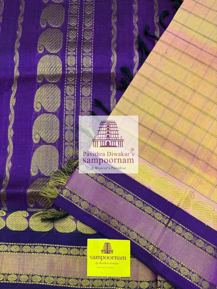 Peach Pink with Blue, Zari Checks in the Body, Rettapet Traditional Borders and Grand Pallu Korvai Silk Cotton Saree