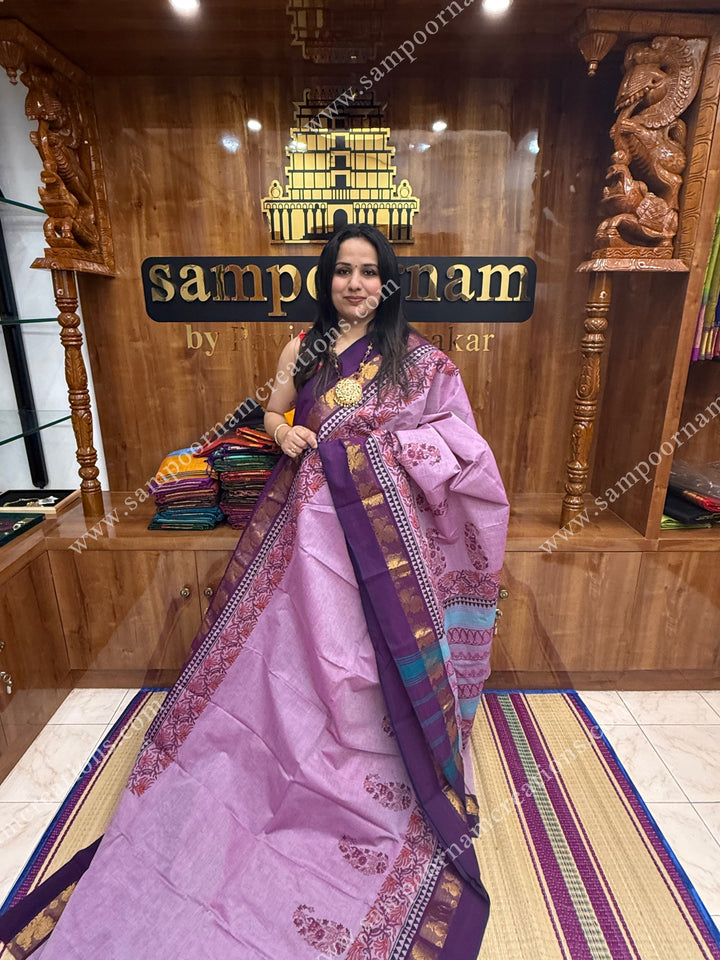 Purple with Dark Purple , Mango Motifs and , Handblock print in the borders and Pallu , Chettinad Cotton Saree
