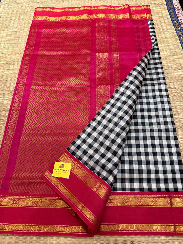 Black and White colour  checks with Pink , rettapet border and traditional rich Pallu Korvai Silk Cotton Saree