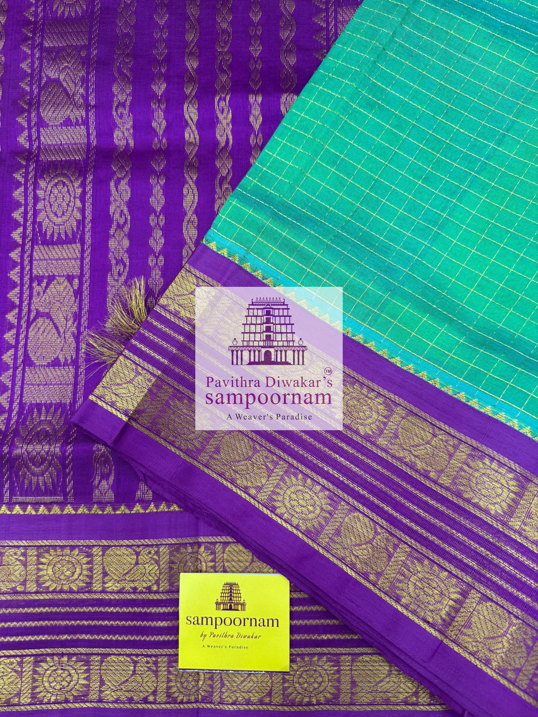 Turquoise Blue with Purple, Rettapet Traditional Borders, Rich Zari Checks in the Body and Grand Pallu ,Korvai Silk Cotton Saree