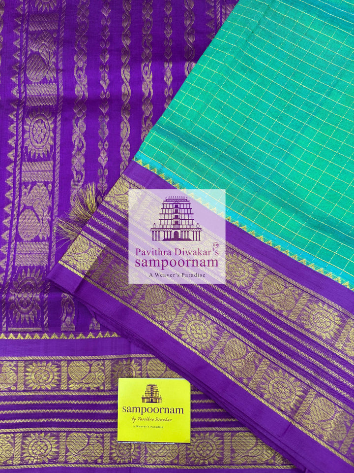 Turquoise Blue with Purple, Rettapet Traditional Borders, Rich Zari Checks in the Body and Grand Pallu ,Korvai Silk Cotton Saree