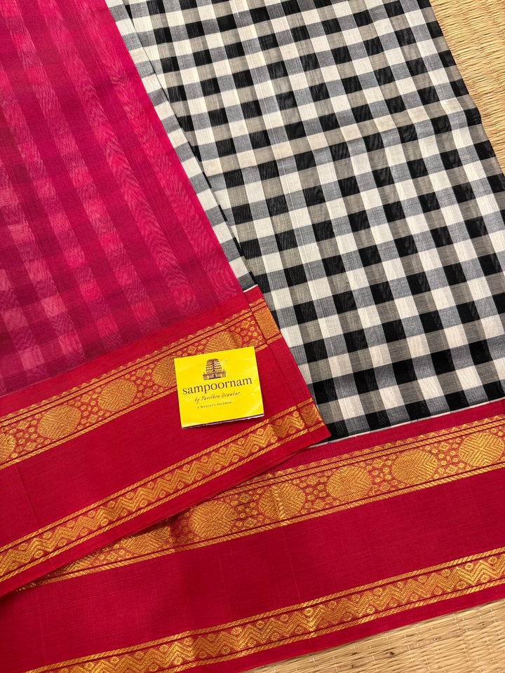 Black and White colour  checks with Pink , rettapet border and traditional rich Pallu Korvai Silk Cotton Saree