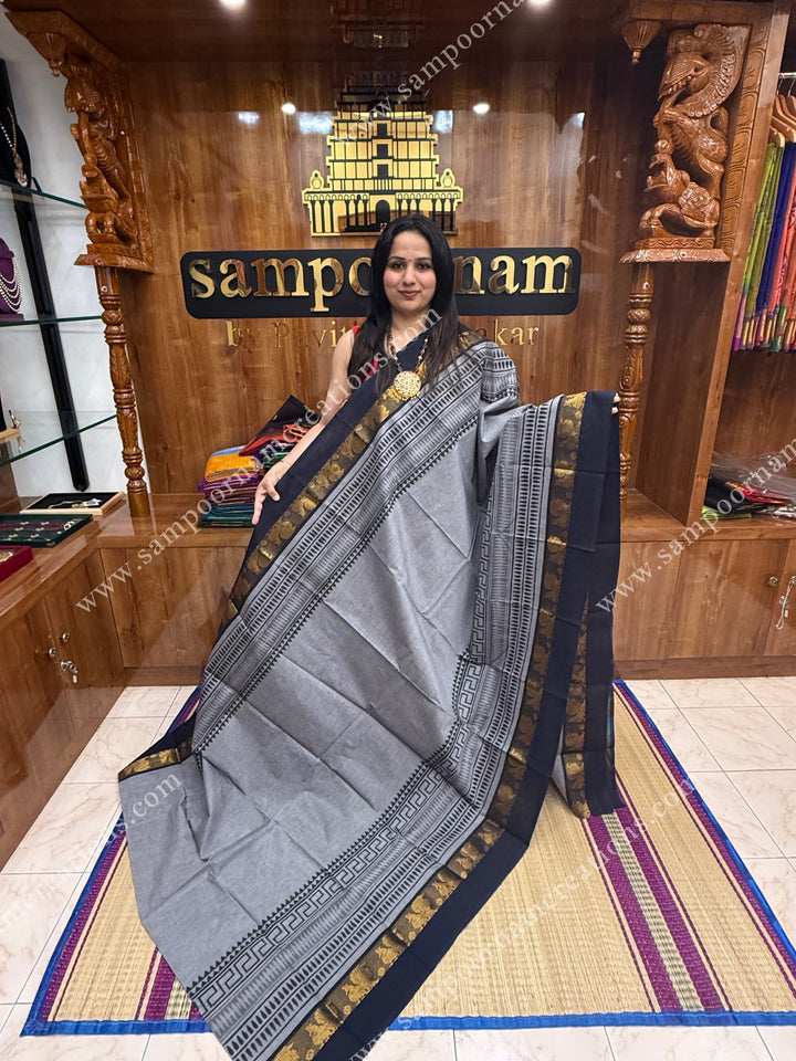 Grey with Black , Handblock print in the borders and Pallu , Chettinad Cotton Saree