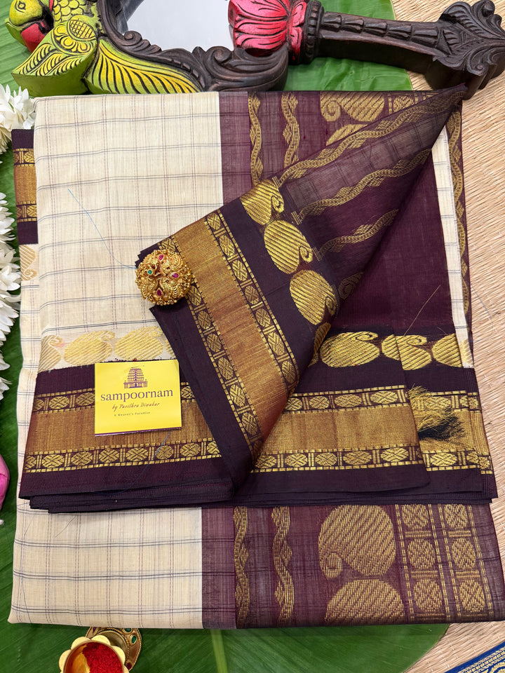 Offwhite with Brown ,full body checks ,traditional border rich pallu Korvai Silk Cotton Saree