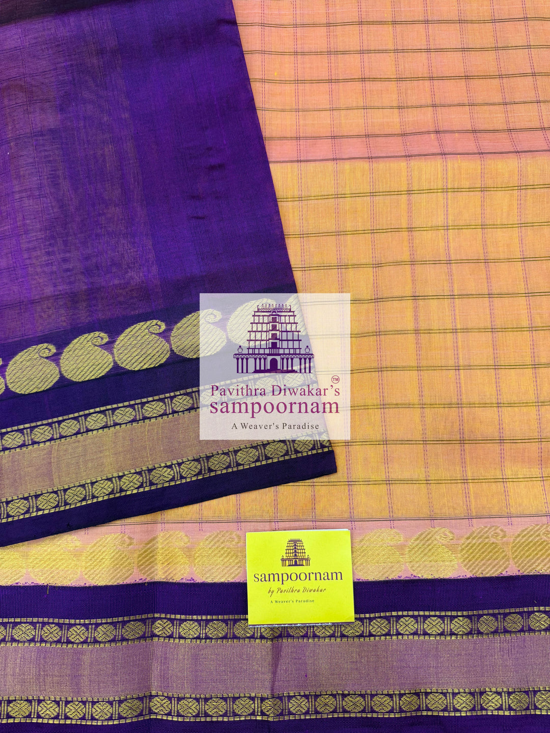 Peach Pink with Blue, Zari Checks in the Body, Rettapet Traditional Borders and Grand Pallu Korvai Silk Cotton Saree