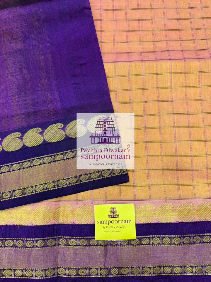 Peach Pink with Blue, Zari Checks in the Body, Rettapet Traditional Borders and Grand Pallu Korvai Silk Cotton Saree
