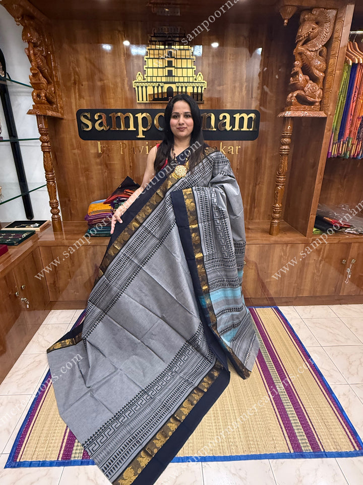 Grey with Black , Handblock print in the borders and Pallu , Chettinad Cotton Saree
