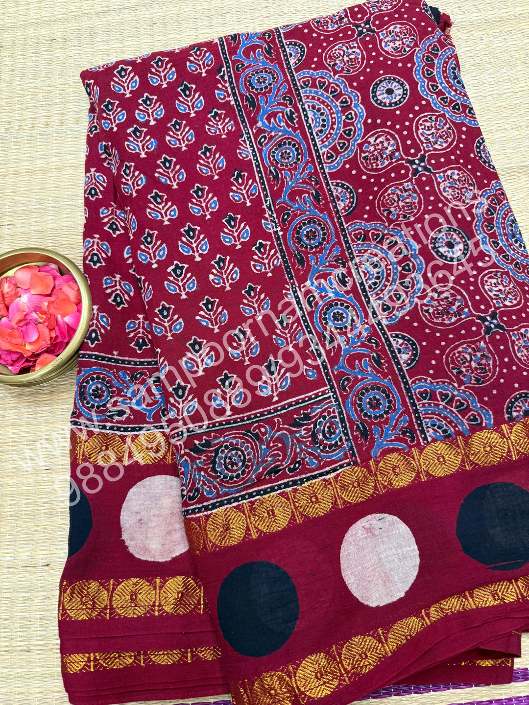 Red , Ajrakh Handblock Printed with Rudraksh Border , Sungudi Cotton Saree