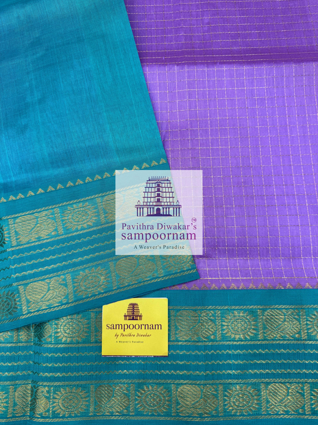 Lavender with Turquoise Blue, Rich Zari Checks in the Body, Rettapet Border and Grand Pallu Korvai Silk Cotton Saree