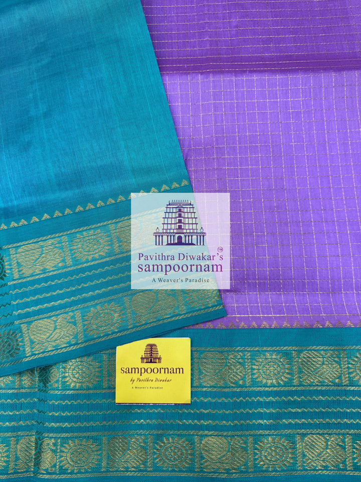 Lavender with Turquoise Blue, Rich Zari Checks in the Body, Rettapet Border and Grand Pallu Korvai Silk Cotton Saree