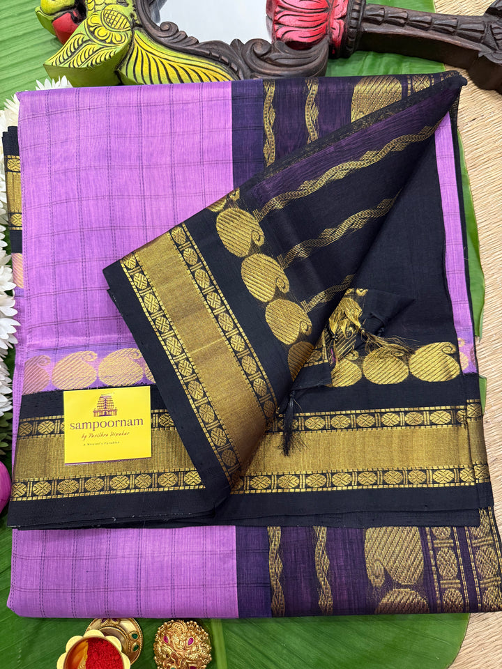 December Flower Lavender with Black colour ,full body checks ,traditional border rich pallu Korvai Silk Cotton Saree