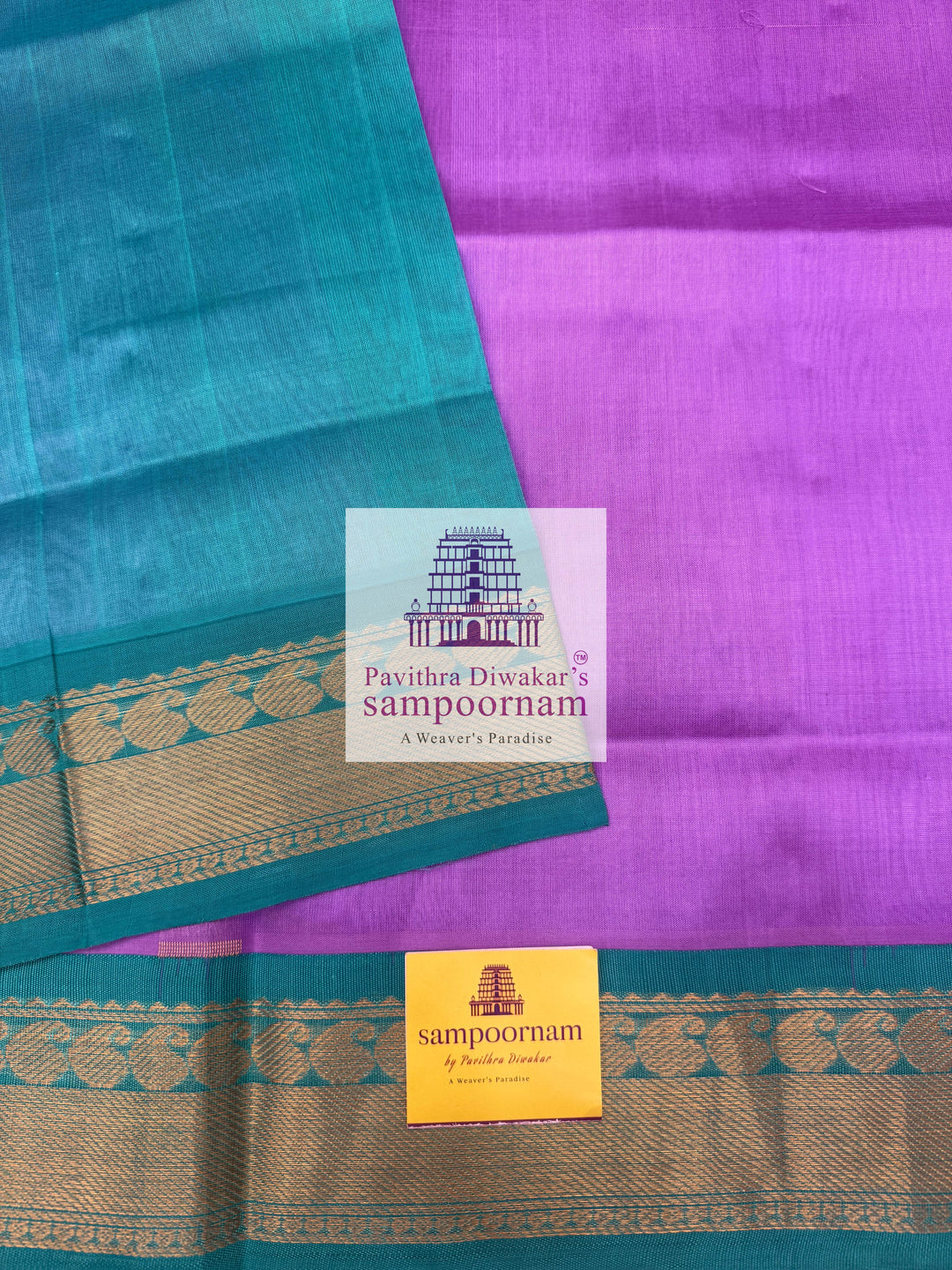 Lavender with Turquoise Blue, Rich Zari Butta in the Body, Traditional Borders and Grand Pallu Korvai Silk Cotton Saree