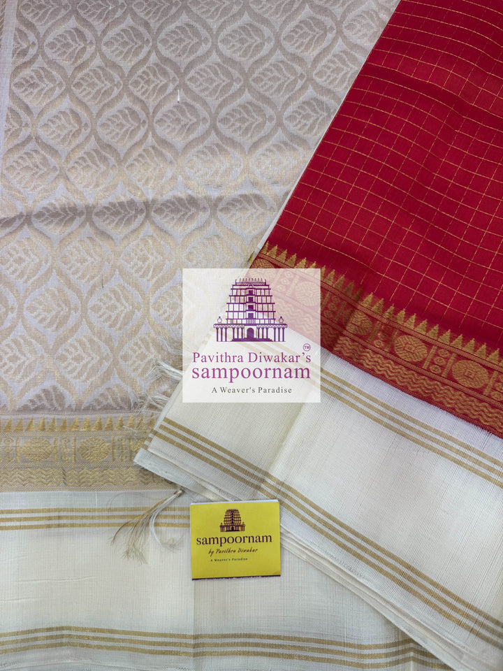 Red with Offwhite, Zari Body Checks, Rettapet Border and Grand Pallu Korvai Silk Cotton Saree