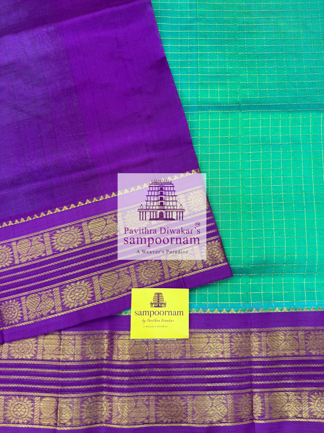 Turquoise Blue with Purple, Rettapet Traditional Borders, Rich Zari Checks in the Body and Grand Pallu ,Korvai Silk Cotton Saree
