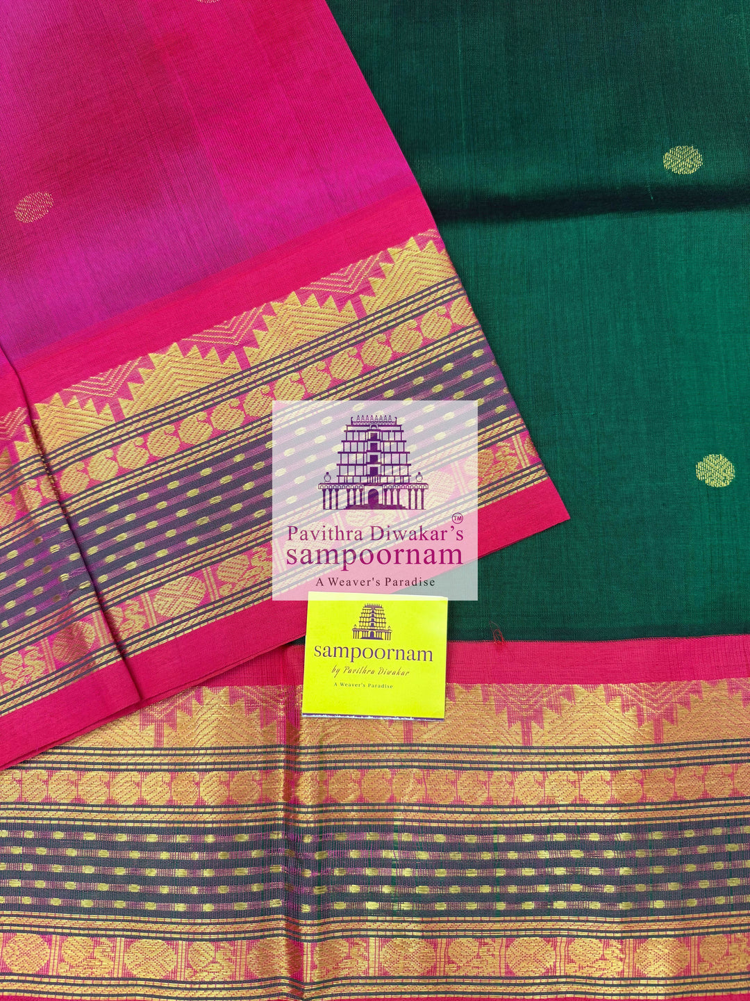 Dark Green with Pink, Traditional Rettapet Borders with Lakshadeepam Butta, Zari Butta in the Body and Grand Pallu Korvai Silk Cotton Saree