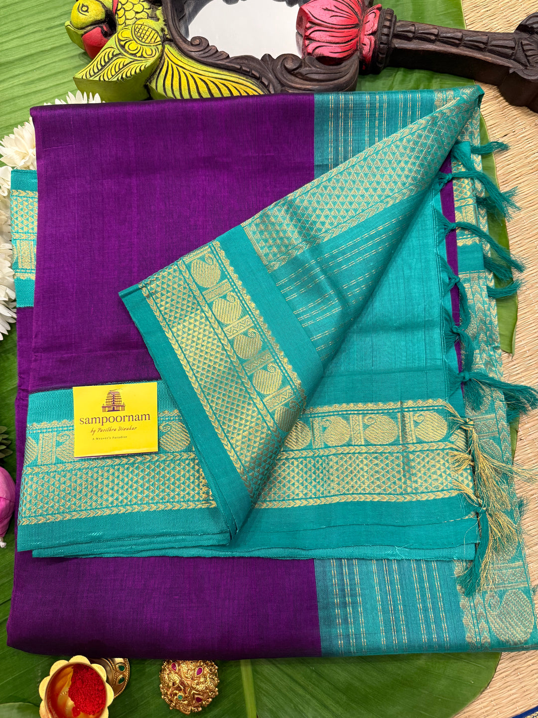 Purple with Turquoise Blue , traditional border rich pallu korvai silk cotton saree