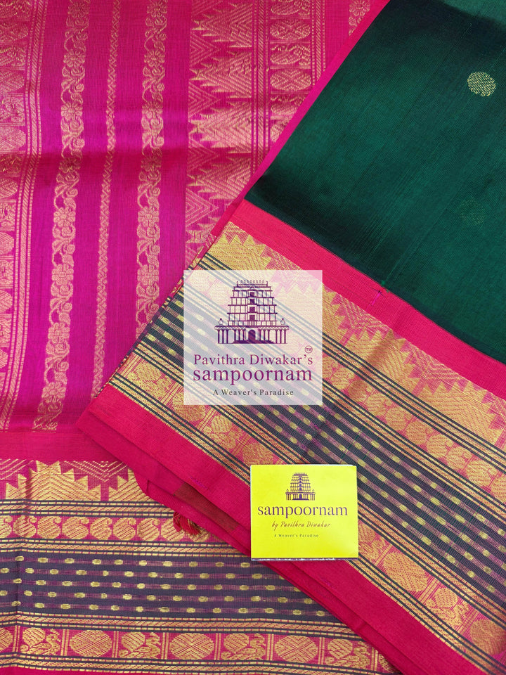 Dark Green with Pink, Traditional Rettapet Borders with Lakshadeepam Butta, Zari Butta in the Body and Grand Pallu Korvai Silk Cotton Saree